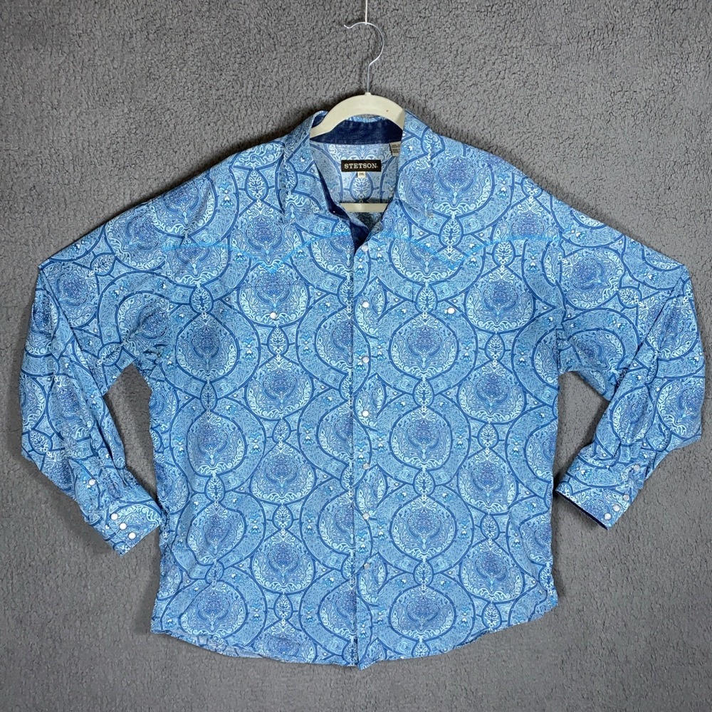 Stetson Shirt Mens 2XL Long Sleeve Pearl Snap Blue White Paisley Western